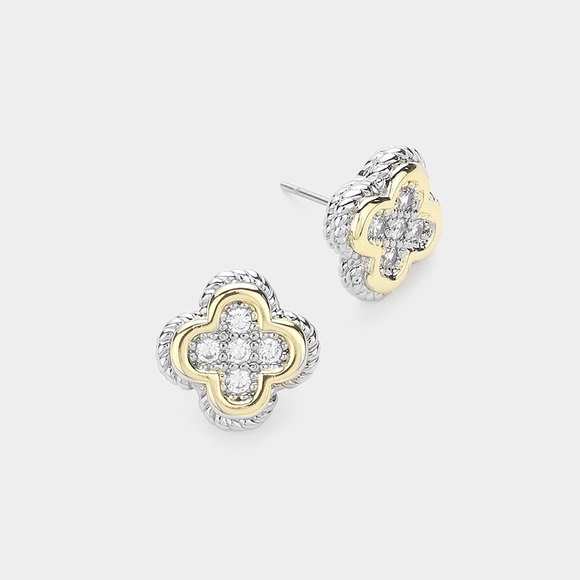 Jewelry - 14K Gold Plated CZ Stone Paved Quatrefoil Stud Earrings